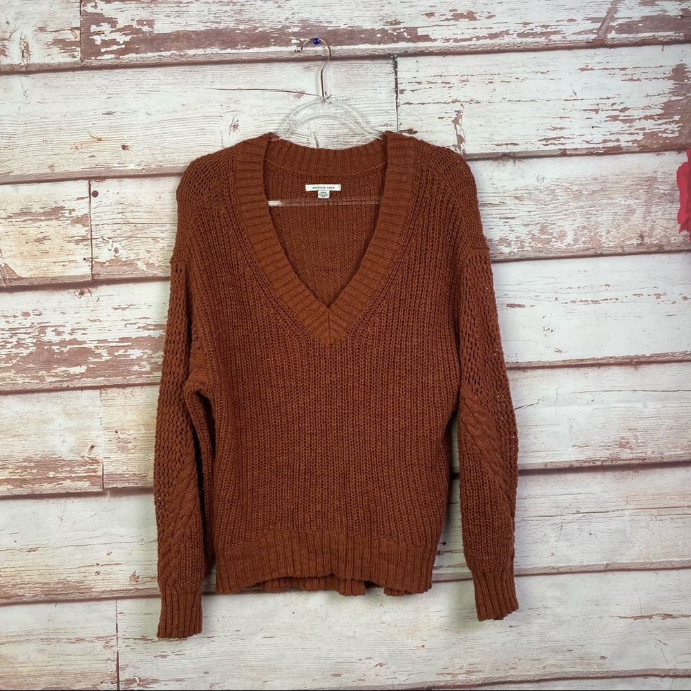 American Eagle Outfitters Burnt Orange Cable Knit Long Sleeve V-Neck Sweater